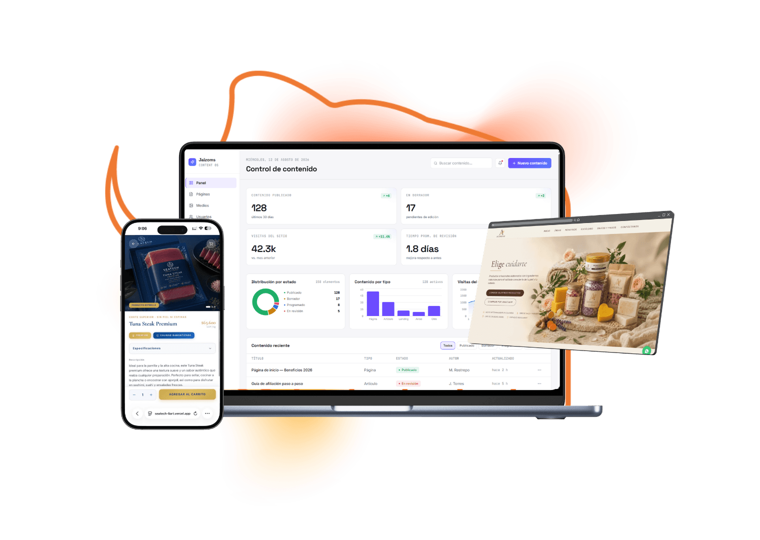 Mockups de proyectos reales de Moncont Studio: dashboard, e-commerce y app móvil